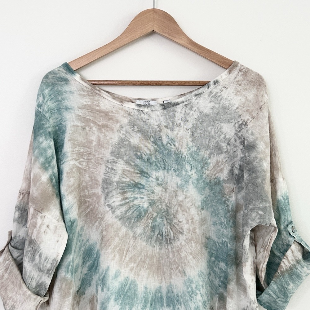 Kaktus Size Large 100% Linen Made in Italy Tie Dye Roll Tab Sleeve V-Neck Top - Picture 3 of 14